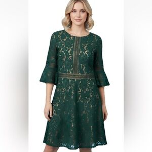 MissMay Retro Green Embroider Lace Overlay A-Line Dress X-Large Flare Sleeves